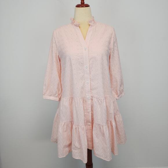 Tommy Hilfiger Eyelet Tiered Babydoll Dress Size 2 Light Pink Relaxed Oversized - Picture 1 of 16
